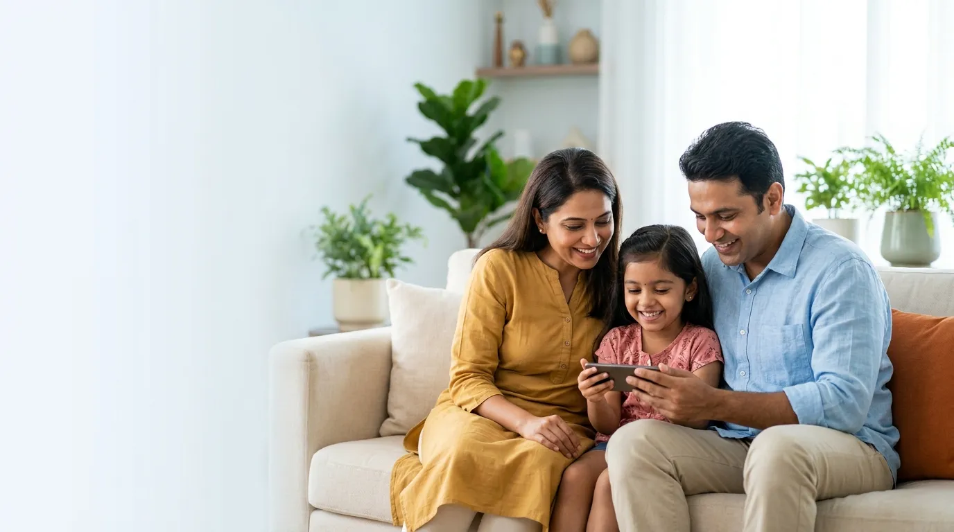 A family at home looking at meraPA on a phone together