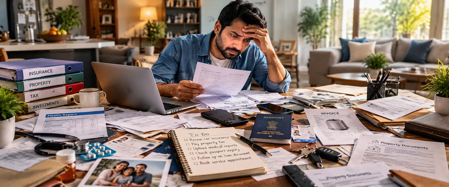 A man surrounded by insurance, property and tax folders, invoices and sticky notes