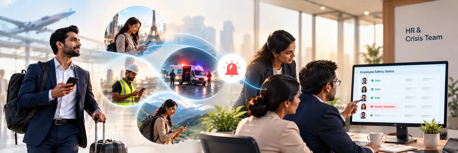 Employees travelling for work, an emergency alert, and an HR and crisis team checking employee safety