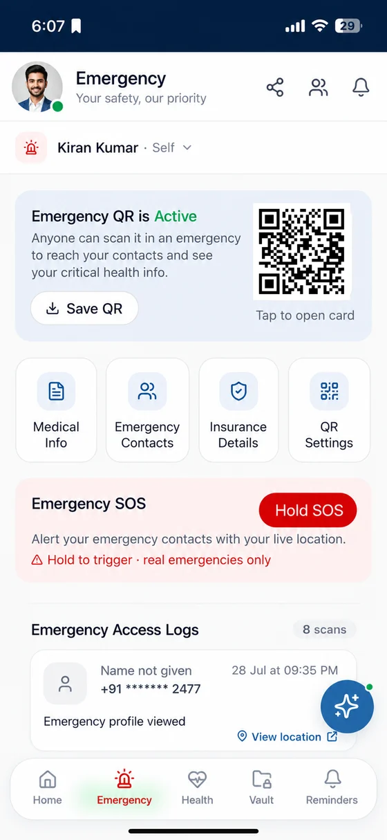 meraPA emergency profile and QR