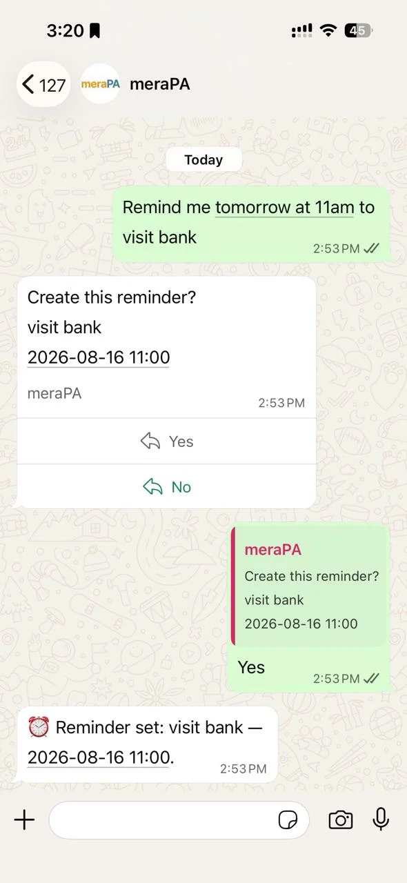 Creating a reminder by chatting with meraPA on WhatsApp